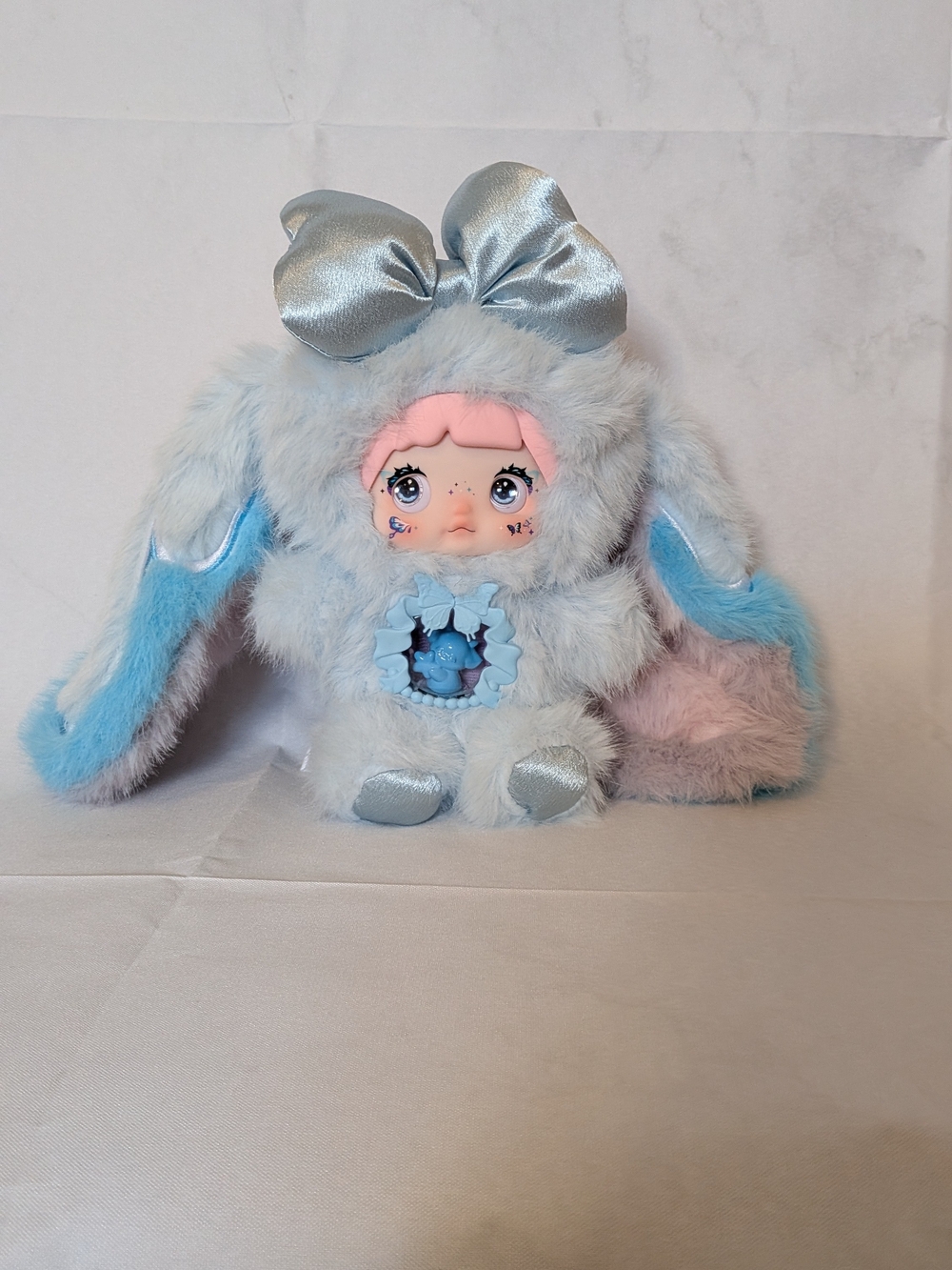 Pastel Blue Bunny Plush Doll with Pink Face and Bow